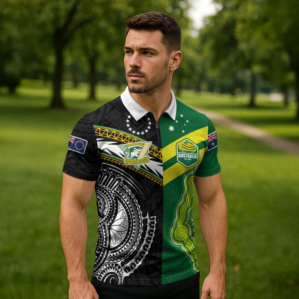Custom Rugby Cook Islands and Australia Zipper Polo Shirt Tatau Tribal with Aboriginal Chevron Sport Style