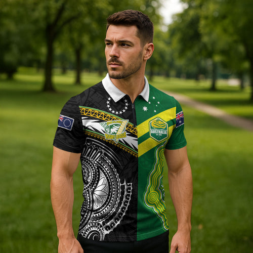 Custom Rugby Cook Islands and Australia Zipper Polo Shirt Tatau Tribal with Aboriginal Chevron Sport Style