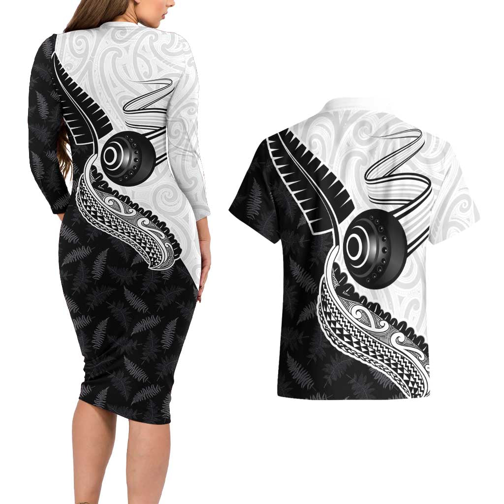 Personalised Aotearoa Lawn Bowls Couples Matching Long Sleeve Bodycon Dress and Hawaiian Shirt Maori and Silver Fern Half Style - Aussie Hoodie