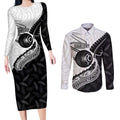Personalised Aotearoa Lawn Bowls Couples Matching Long Sleeve Bodycon Dress and Long Sleeve Button Shirt Maori and Silver Fern Half Style - Aussie Hoodie