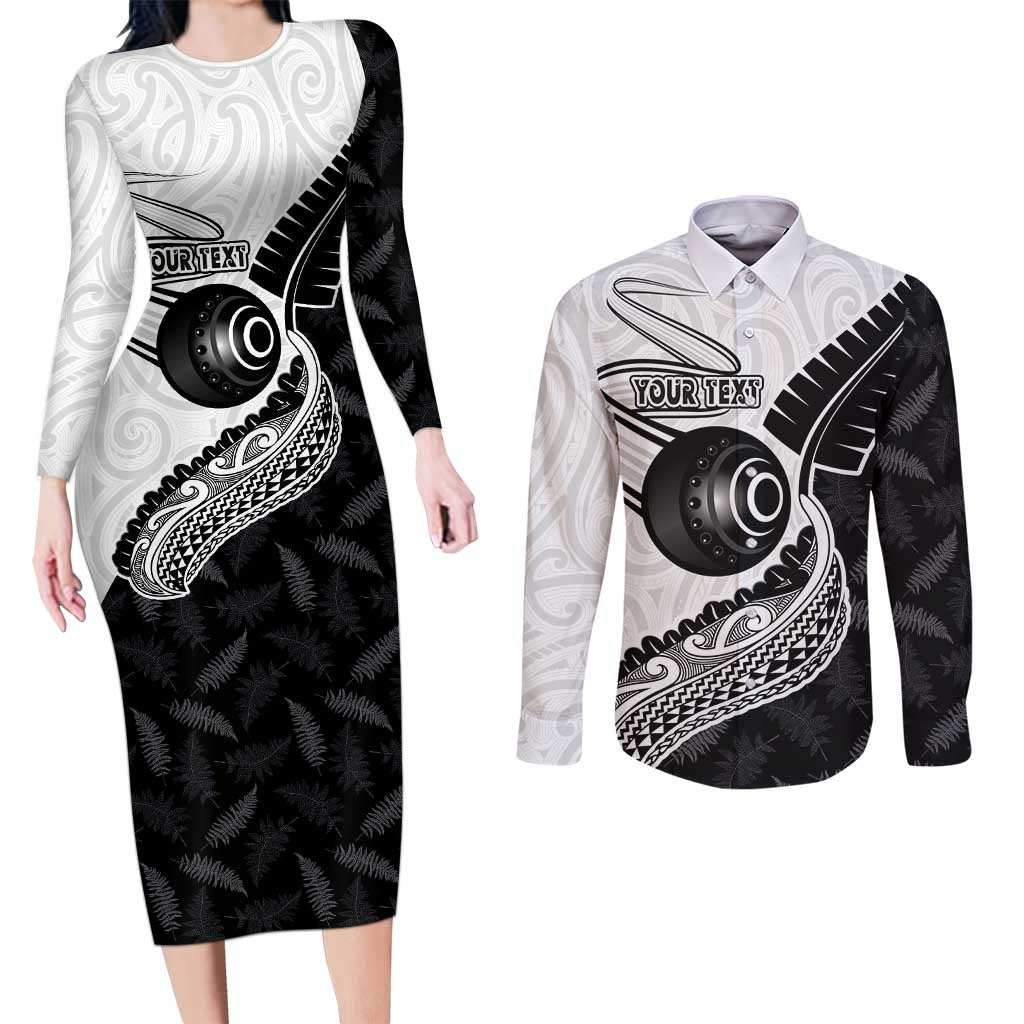 Personalised Aotearoa Lawn Bowls Couples Matching Long Sleeve Bodycon Dress and Long Sleeve Button Shirt Maori and Silver Fern Half Style - Aussie Hoodie