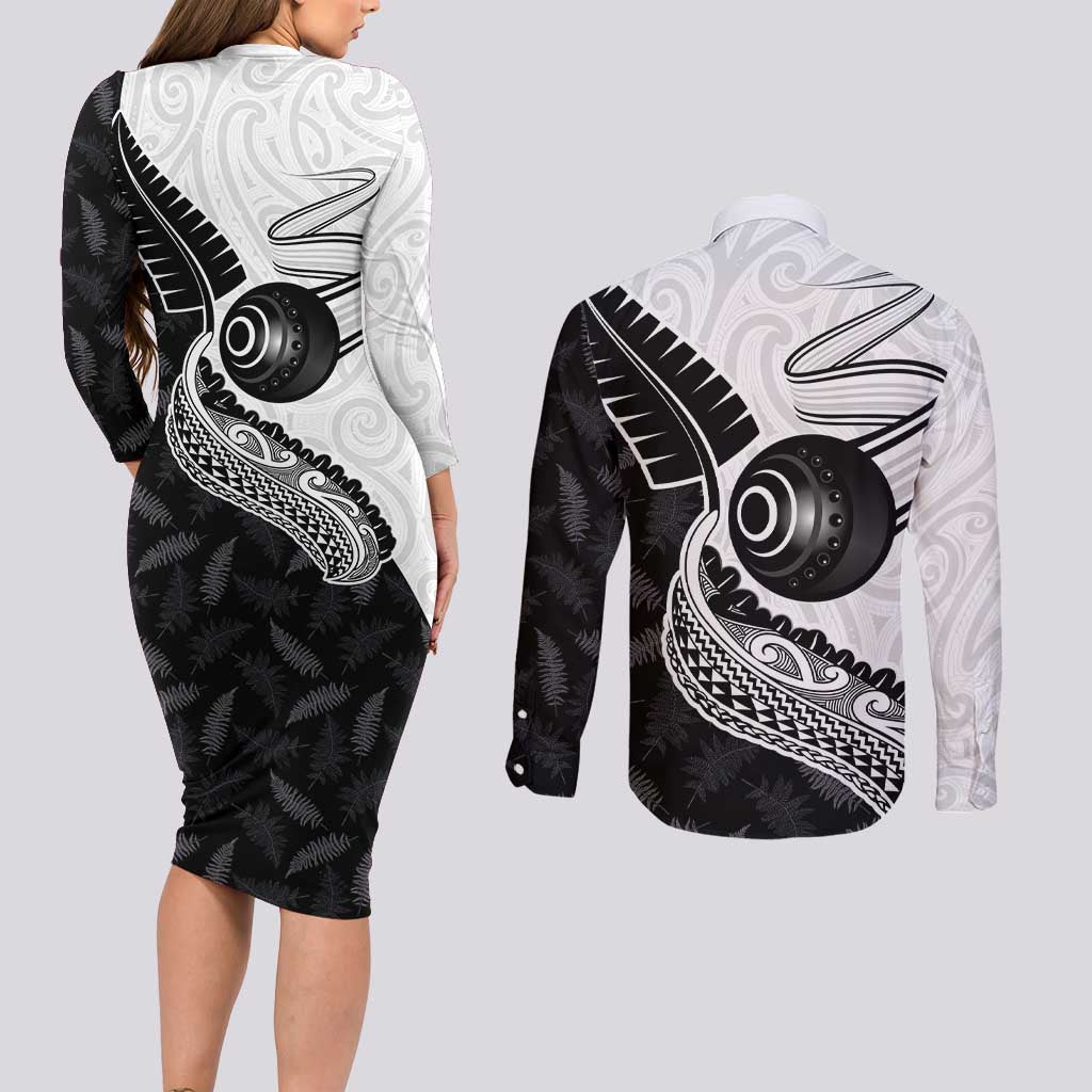 Personalised Aotearoa Lawn Bowls Couples Matching Long Sleeve Bodycon Dress and Long Sleeve Button Shirt Maori and Silver Fern Half Style - Aussie Hoodie