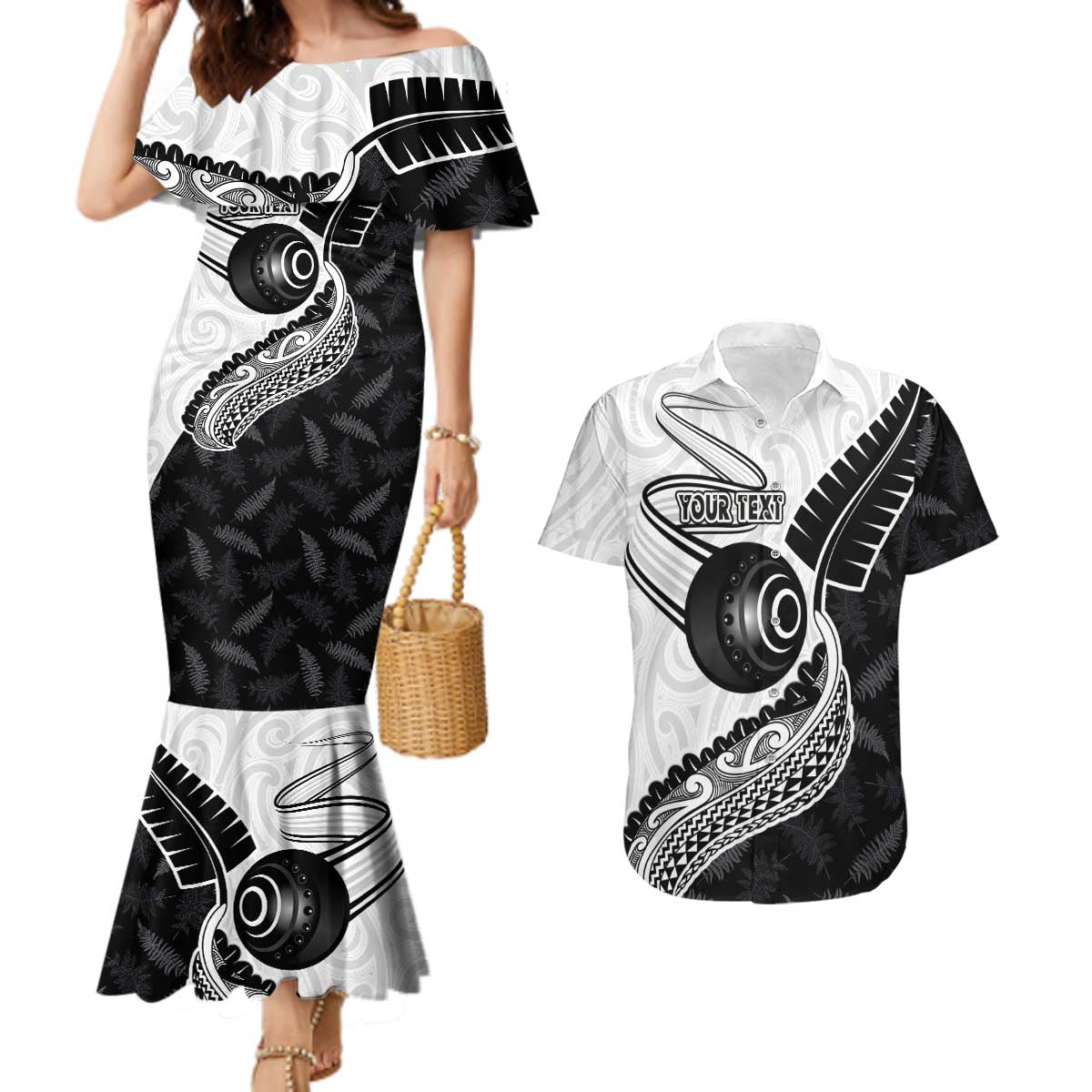 Personalised Aotearoa Lawn Bowls Couples Matching Mermaid Dress and Hawaiian Shirt Maori and Silver Fern Half Style - Aussie Hoodie