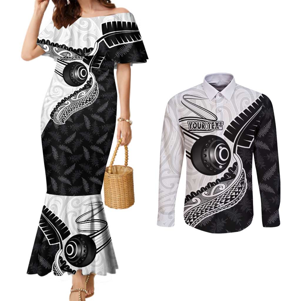 Personalised Aotearoa Lawn Bowls Couples Matching Mermaid Dress and Long Sleeve Button Shirt Maori and Silver Fern Half Style - Aussie Hoodie