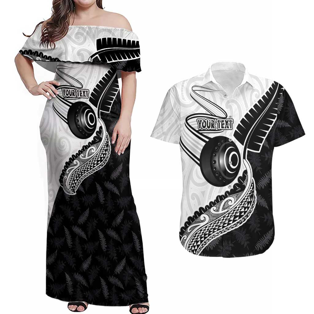 Personalised Aotearoa Lawn Bowls Couples Matching Off Shoulder Maxi Dress and Hawaiian Shirt Maori and Silver Fern Half Style - Aussie Hoodie