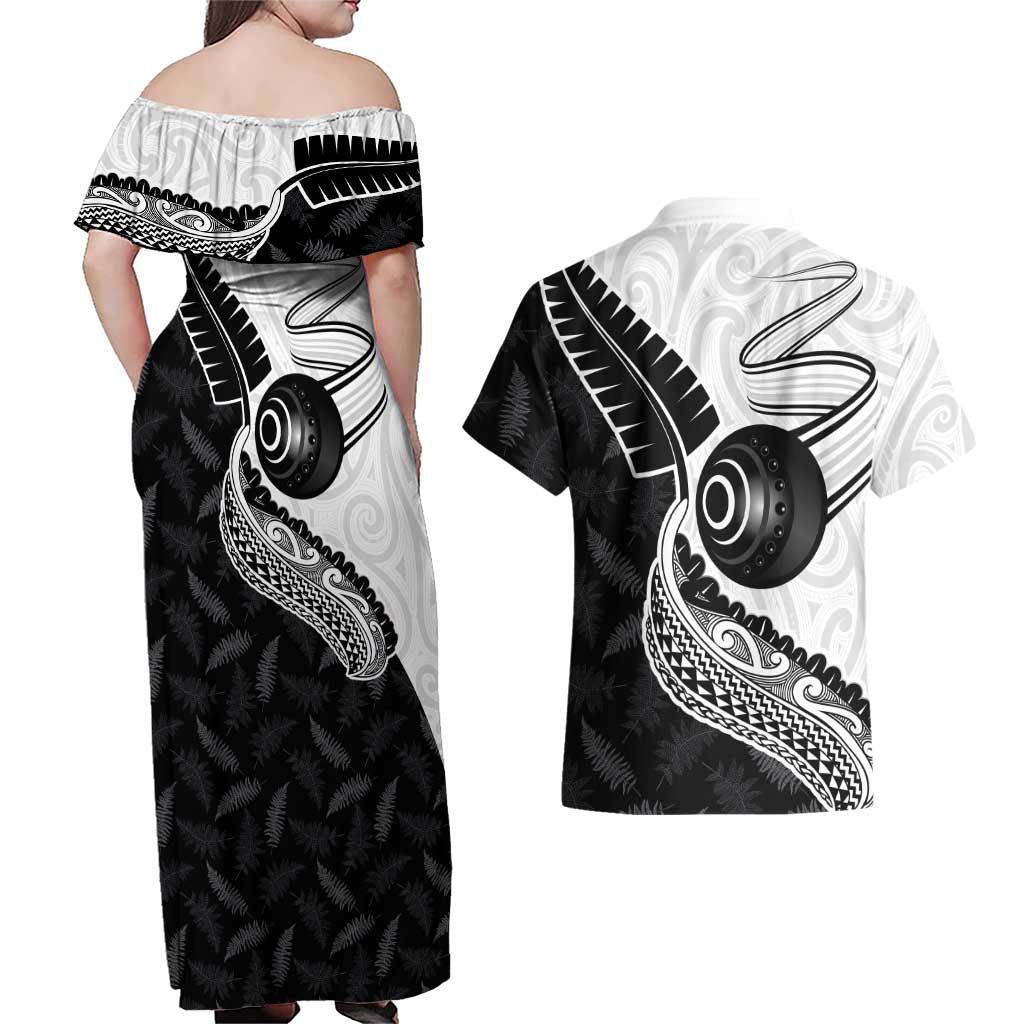 Personalised Aotearoa Lawn Bowls Couples Matching Off Shoulder Maxi Dress and Hawaiian Shirt Maori and Silver Fern Half Style - Aussie Hoodie