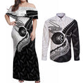 Personalised Aotearoa Lawn Bowls Couples Matching Off Shoulder Maxi Dress and Long Sleeve Button Shirt Maori and Silver Fern Half Style - Aussie Hoodie