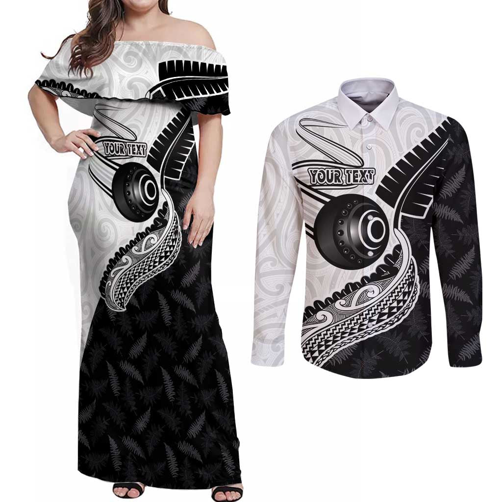Personalised Aotearoa Lawn Bowls Couples Matching Off Shoulder Maxi Dress and Long Sleeve Button Shirt Maori and Silver Fern Half Style - Aussie Hoodie