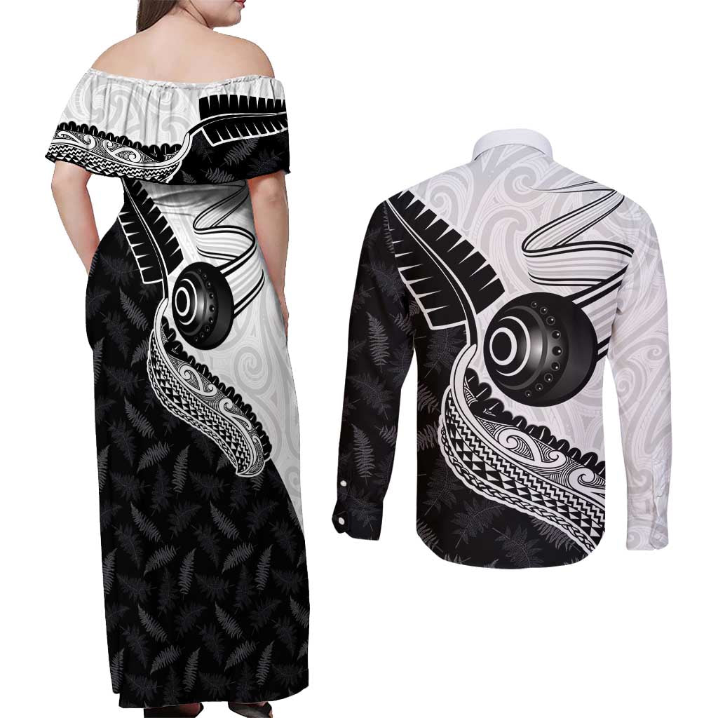 Personalised Aotearoa Lawn Bowls Couples Matching Off Shoulder Maxi Dress and Long Sleeve Button Shirt Maori and Silver Fern Half Style - Aussie Hoodie