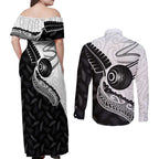 Personalised Aotearoa Lawn Bowls Couples Matching Off Shoulder Maxi Dress and Long Sleeve Button Shirt Maori and Silver Fern Half Style - Aussie Hoodie