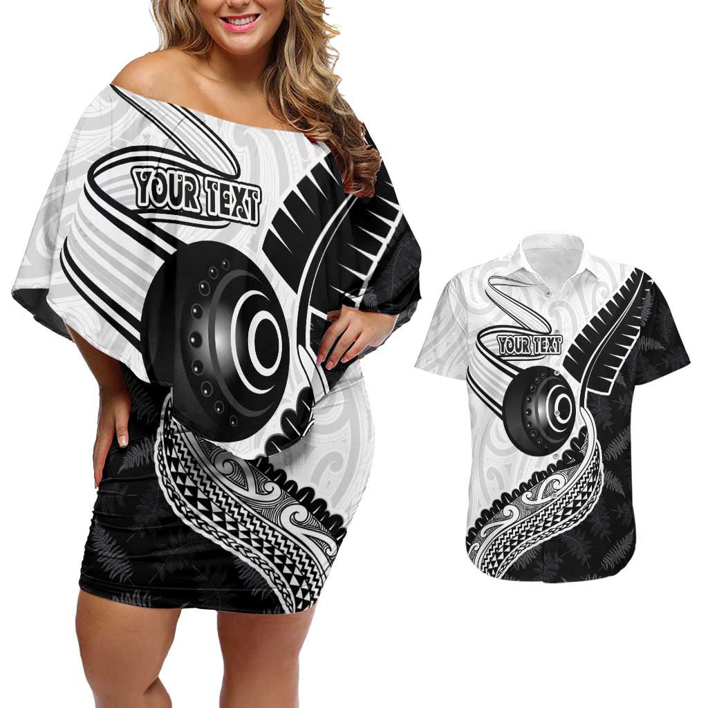 Personalised Aotearoa Lawn Bowls Couples Matching Off Shoulder Short Dress and Hawaiian Shirt Maori and Silver Fern Half Style - Aussie Hoodie