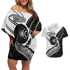 Personalised Aotearoa Lawn Bowls Couples Matching Off Shoulder Short Dress and Hawaiian Shirt Maori and Silver Fern Half Style - Aussie Hoodie