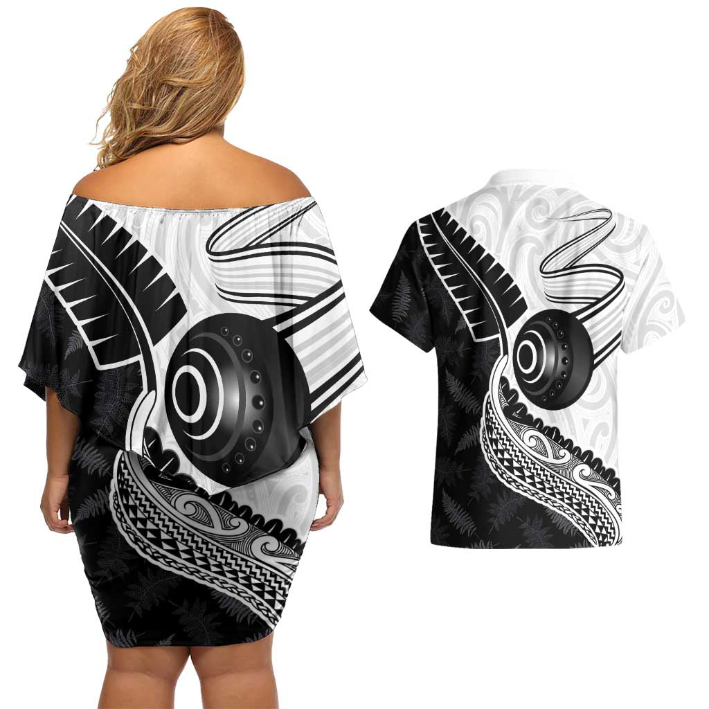 Personalised Aotearoa Lawn Bowls Couples Matching Off Shoulder Short Dress and Hawaiian Shirt Maori and Silver Fern Half Style - Aussie Hoodie