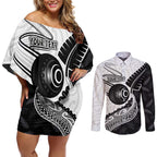 Personalised Aotearoa Lawn Bowls Couples Matching Off Shoulder Short Dress and Long Sleeve Button Shirt Maori and Silver Fern Half Style - Aussie Hoodie
