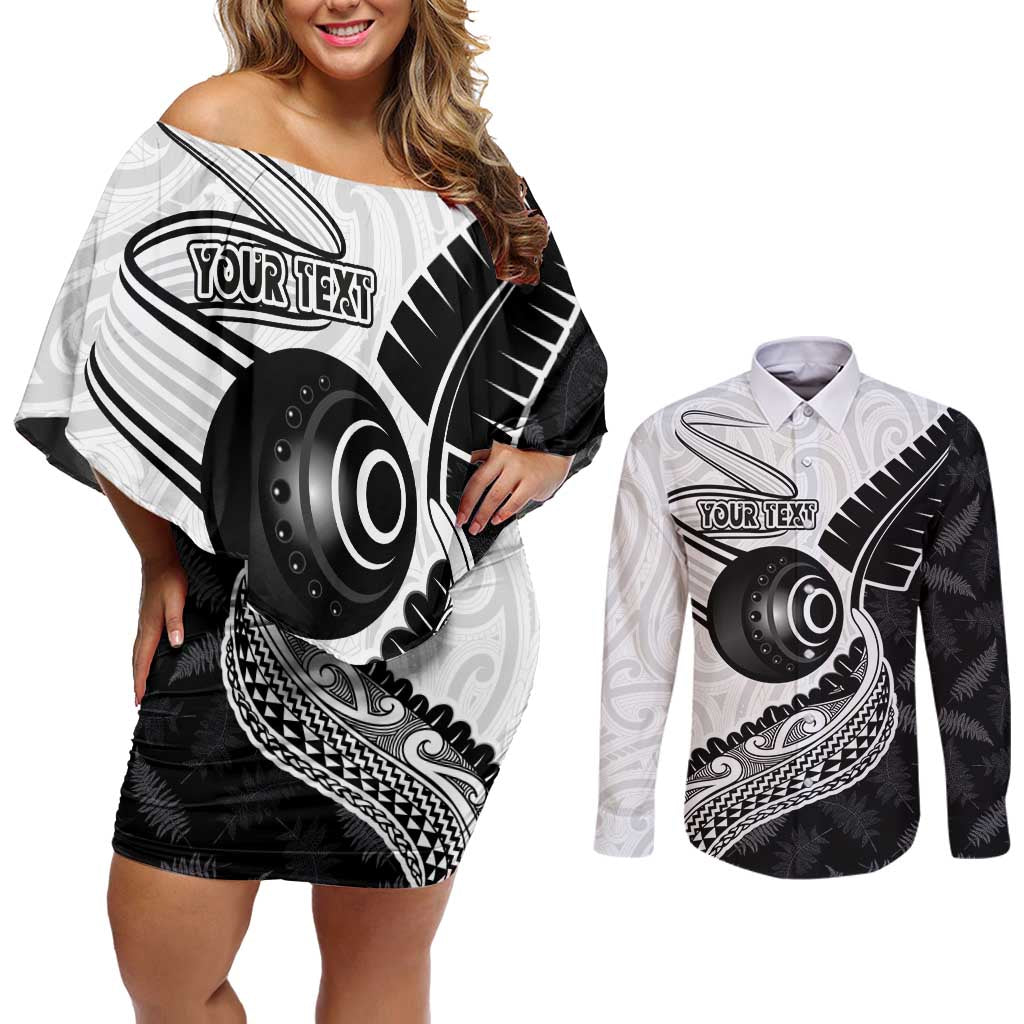 Personalised Aotearoa Lawn Bowls Couples Matching Off Shoulder Short Dress and Long Sleeve Button Shirt Maori and Silver Fern Half Style - Aussie Hoodie