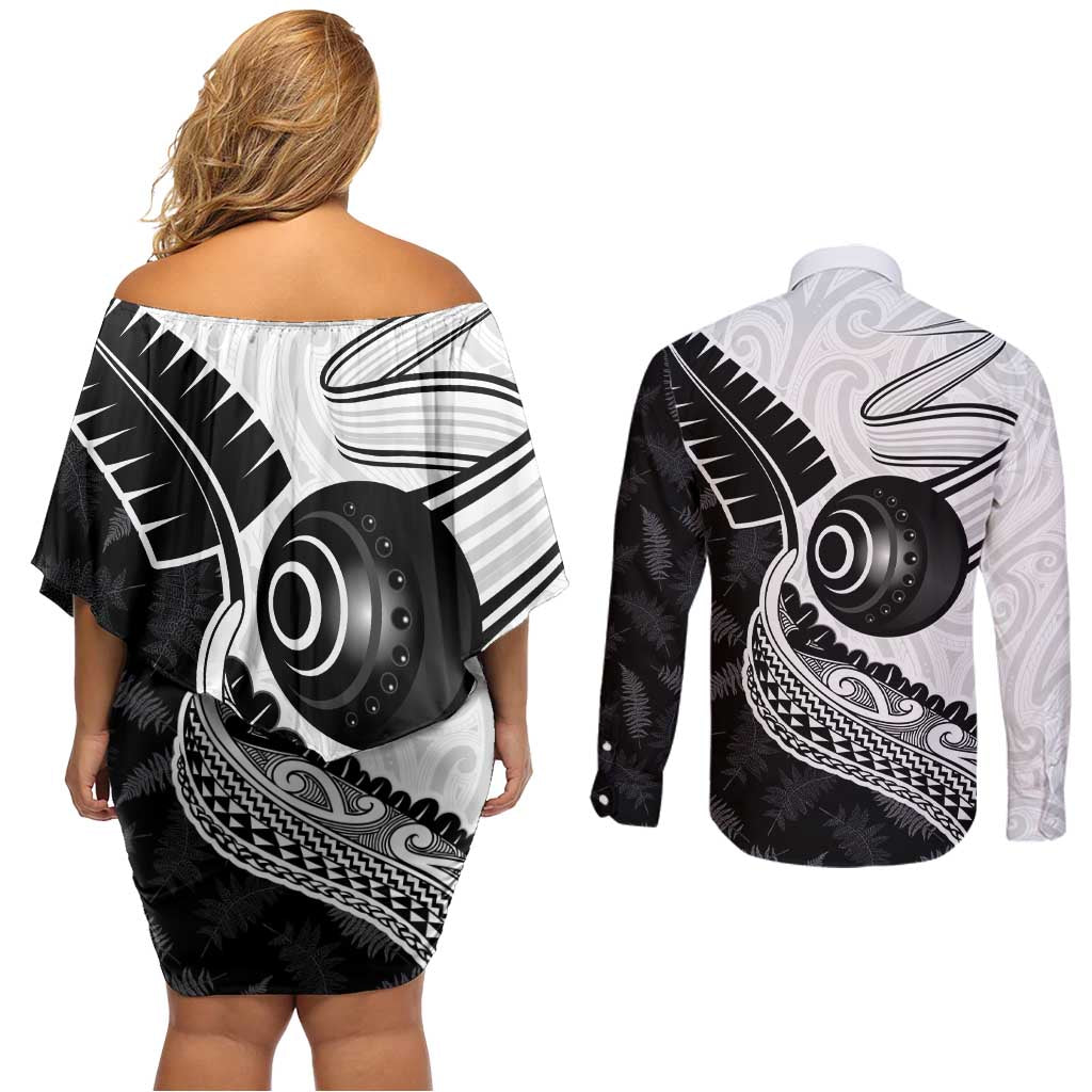 Personalised Aotearoa Lawn Bowls Couples Matching Off Shoulder Short Dress and Long Sleeve Button Shirt Maori and Silver Fern Half Style - Aussie Hoodie