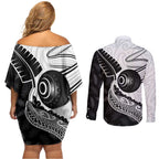 Personalised Aotearoa Lawn Bowls Couples Matching Off Shoulder Short Dress and Long Sleeve Button Shirt Maori and Silver Fern Half Style - Aussie Hoodie