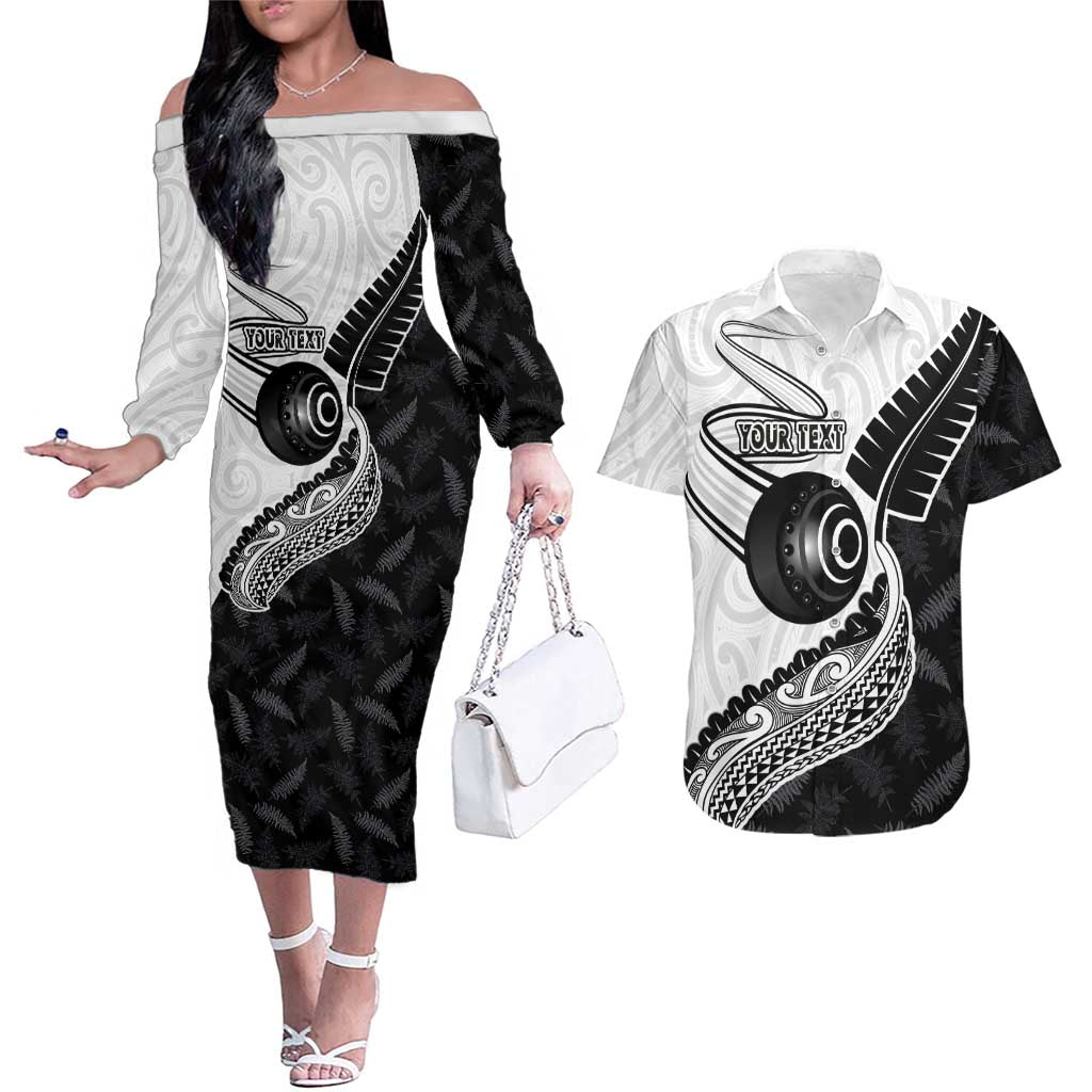 Personalised Aotearoa Lawn Bowls Couples Matching Off The Shoulder Long Sleeve Dress and Hawaiian Shirt Maori and Silver Fern Half Style - Aussie Hoodie