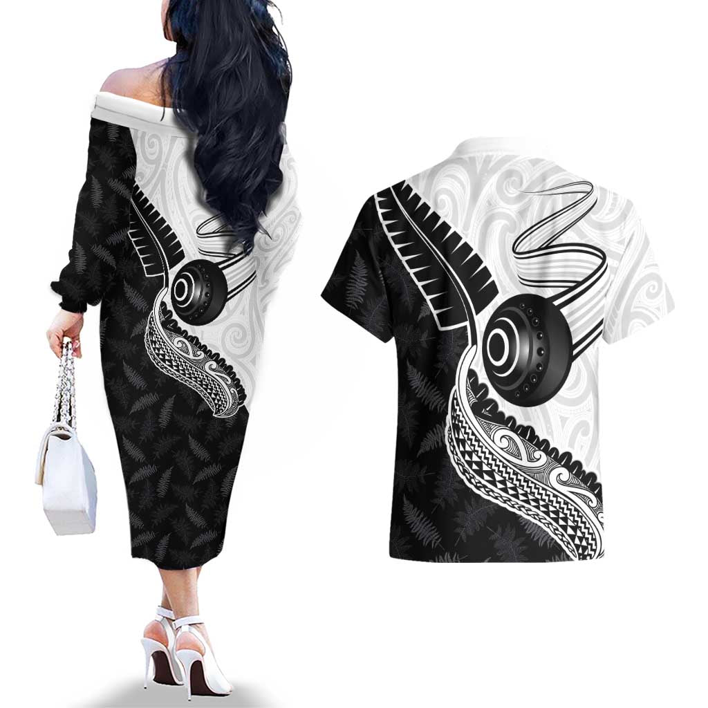 Personalised Aotearoa Lawn Bowls Couples Matching Off The Shoulder Long Sleeve Dress and Hawaiian Shirt Maori and Silver Fern Half Style - Aussie Hoodie