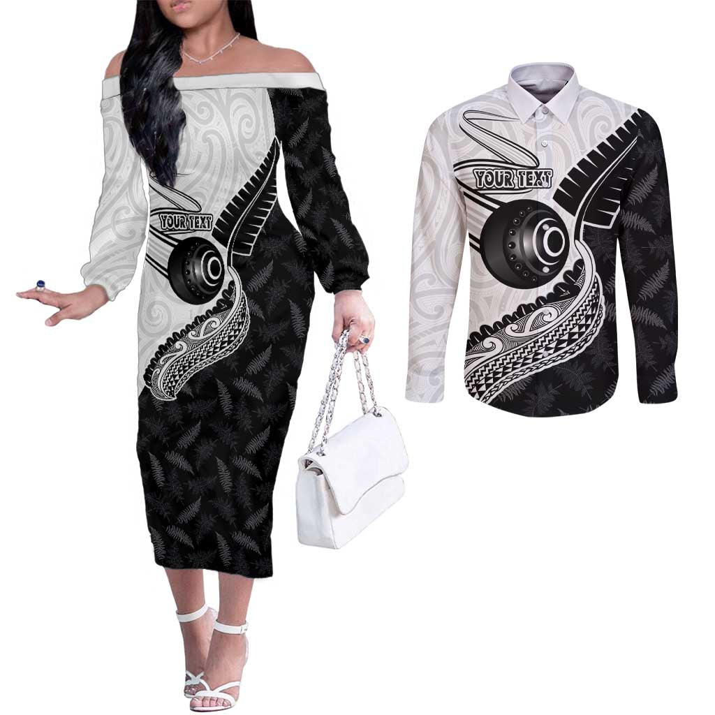 Personalised Aotearoa Lawn Bowls Couples Matching Off The Shoulder Long Sleeve Dress and Long Sleeve Button Shirt Maori and Silver Fern Half Style - Aussie Hoodie