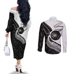 Personalised Aotearoa Lawn Bowls Couples Matching Off The Shoulder Long Sleeve Dress and Long Sleeve Button Shirt Maori and Silver Fern Half Style - Aussie Hoodie