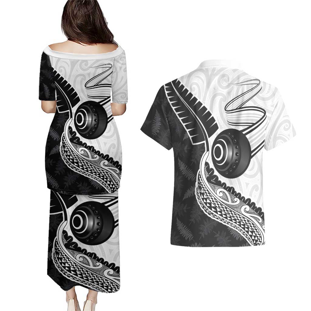 Personalised Aotearoa Lawn Bowls Couples Matching Puletasi and Hawaiian Shirt Maori and Silver Fern Half Style - Aussie Hoodie