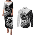 Personalised Aotearoa Lawn Bowls Couples Matching Puletasi and Long Sleeve Button Shirt Maori and Silver Fern Half Style - Aussie Hoodie