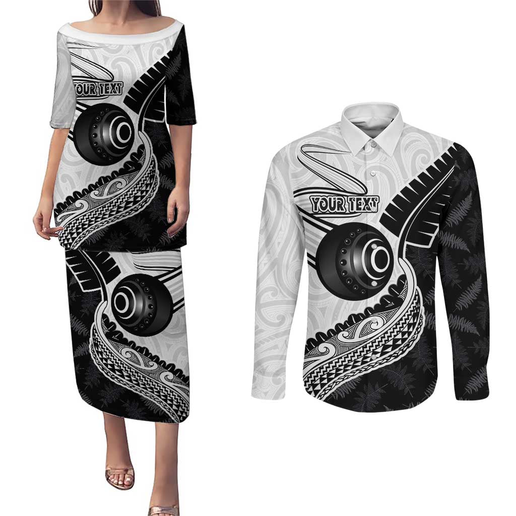 Personalised Aotearoa Lawn Bowls Couples Matching Puletasi and Long Sleeve Button Shirt Maori and Silver Fern Half Style - Aussie Hoodie