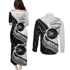 Personalised Aotearoa Lawn Bowls Couples Matching Puletasi and Long Sleeve Button Shirt Maori and Silver Fern Half Style - Aussie Hoodie