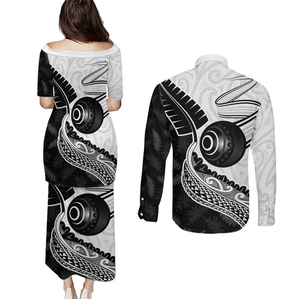 Personalised Aotearoa Lawn Bowls Couples Matching Puletasi and Long Sleeve Button Shirt Maori and Silver Fern Half Style - Aussie Hoodie