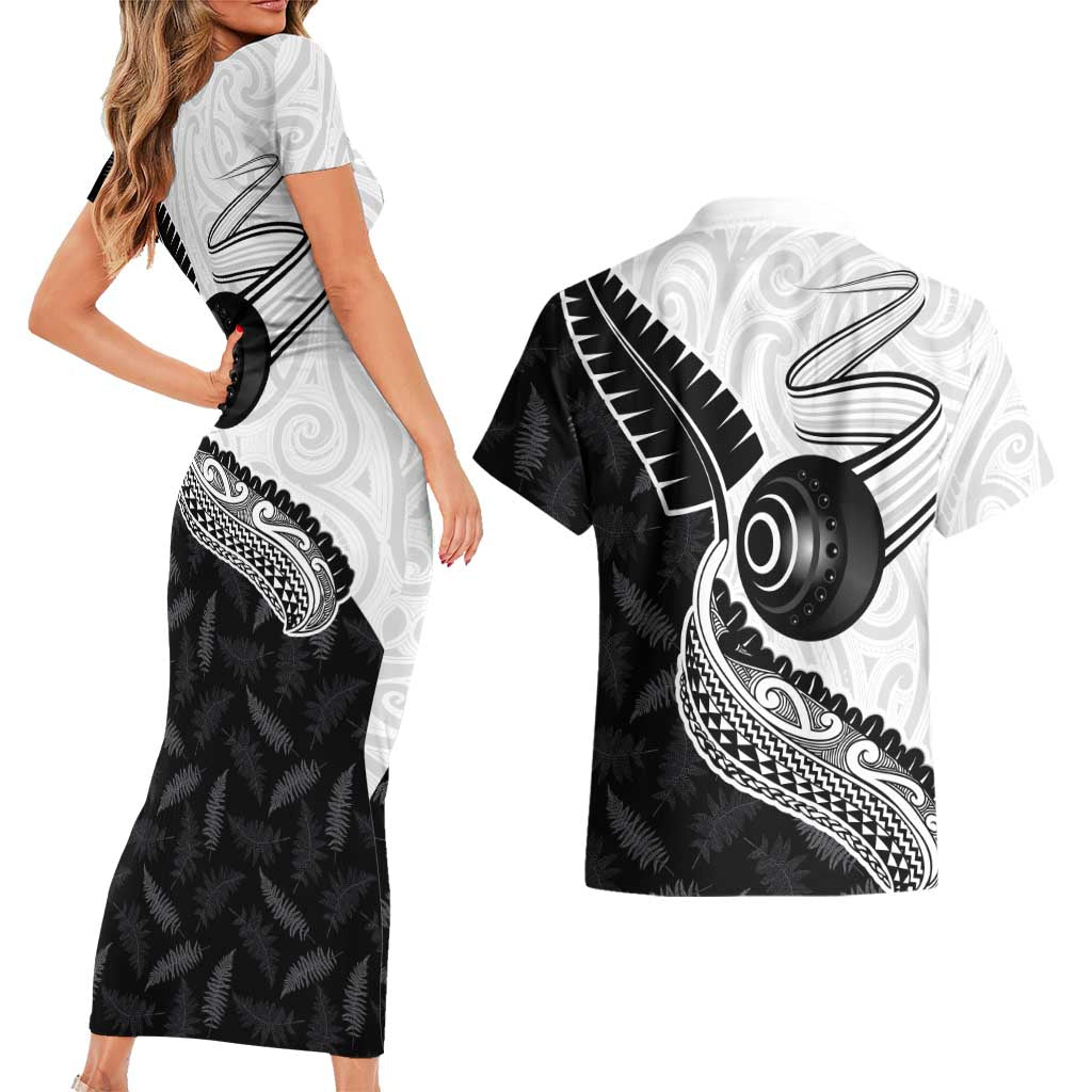 Personalised Aotearoa Lawn Bowls Couples Matching Short Sleeve Bodycon Dress and Hawaiian Shirt Maori and Silver Fern Half Style - Aussie Hoodie