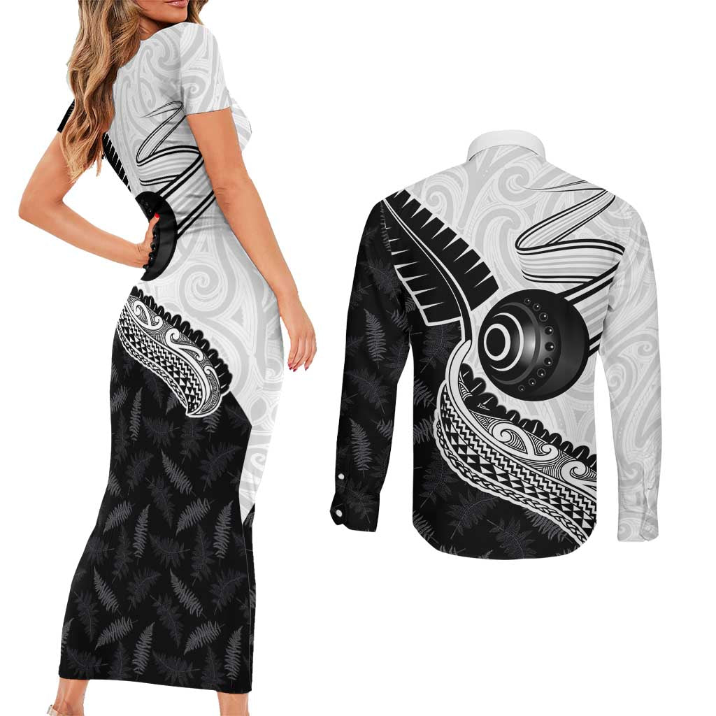 Personalised Aotearoa Lawn Bowls Couples Matching Short Sleeve Bodycon Dress and Long Sleeve Button Shirt Maori and Silver Fern Half Style - Aussie Hoodie