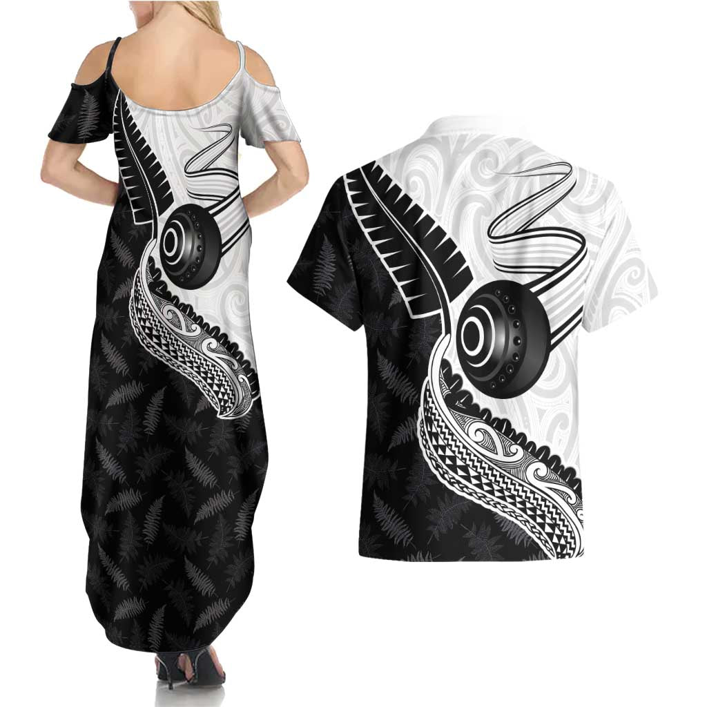 Personalised Aotearoa Lawn Bowls Couples Matching Summer Maxi Dress and Hawaiian Shirt Maori and Silver Fern Half Style - Aussie Hoodie