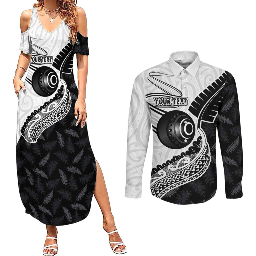 Personalised Aotearoa Lawn Bowls Couples Matching Summer Maxi Dress and Long Sleeve Button Shirt Maori and Silver Fern Half Style - Aussie Hoodie