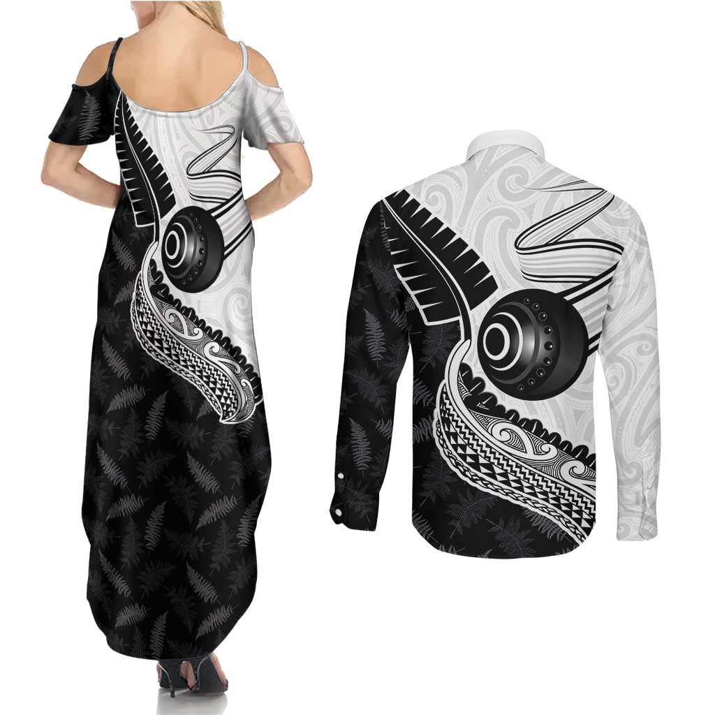 Personalised Aotearoa Lawn Bowls Couples Matching Summer Maxi Dress and Long Sleeve Button Shirt Maori and Silver Fern Half Style - Aussie Hoodie