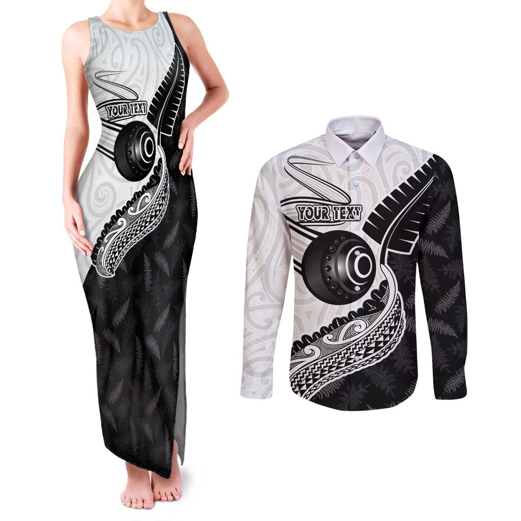 Personalised Aotearoa Lawn Bowls Couples Matching Tank Maxi Dress and Long Sleeve Button Shirt Maori and Silver Fern Half Style - Aussie Hoodie