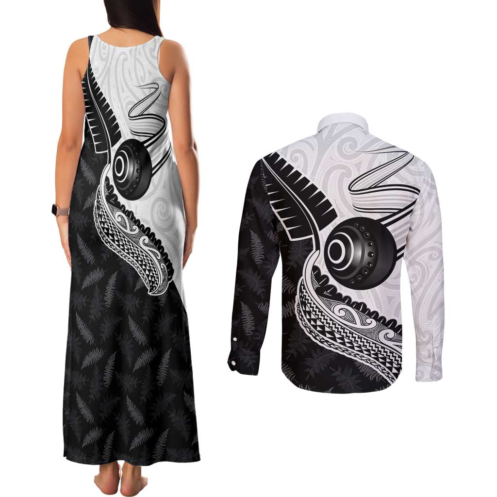 Personalised Aotearoa Lawn Bowls Couples Matching Tank Maxi Dress and Long Sleeve Button Shirt Maori and Silver Fern Half Style - Aussie Hoodie
