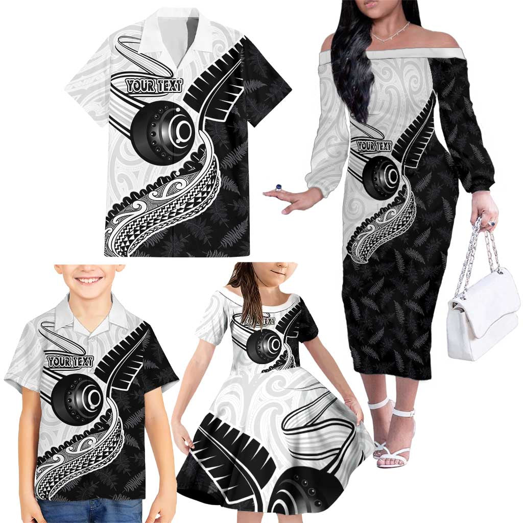 Personalised Aotearoa Lawn Bowls Family Matching Off The Shoulder Long Sleeve Dress and Hawaiian Shirt Maori and Silver Fern Half Style - Aussie Hoodie
