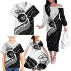 Personalised Aotearoa Lawn Bowls Family Matching Off The Shoulder Long Sleeve Dress and Hawaiian Shirt Maori and Silver Fern Half Style - Aussie Hoodie