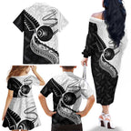 Personalised Aotearoa Lawn Bowls Family Matching Off The Shoulder Long Sleeve Dress and Hawaiian Shirt Maori and Silver Fern Half Style - Aussie Hoodie