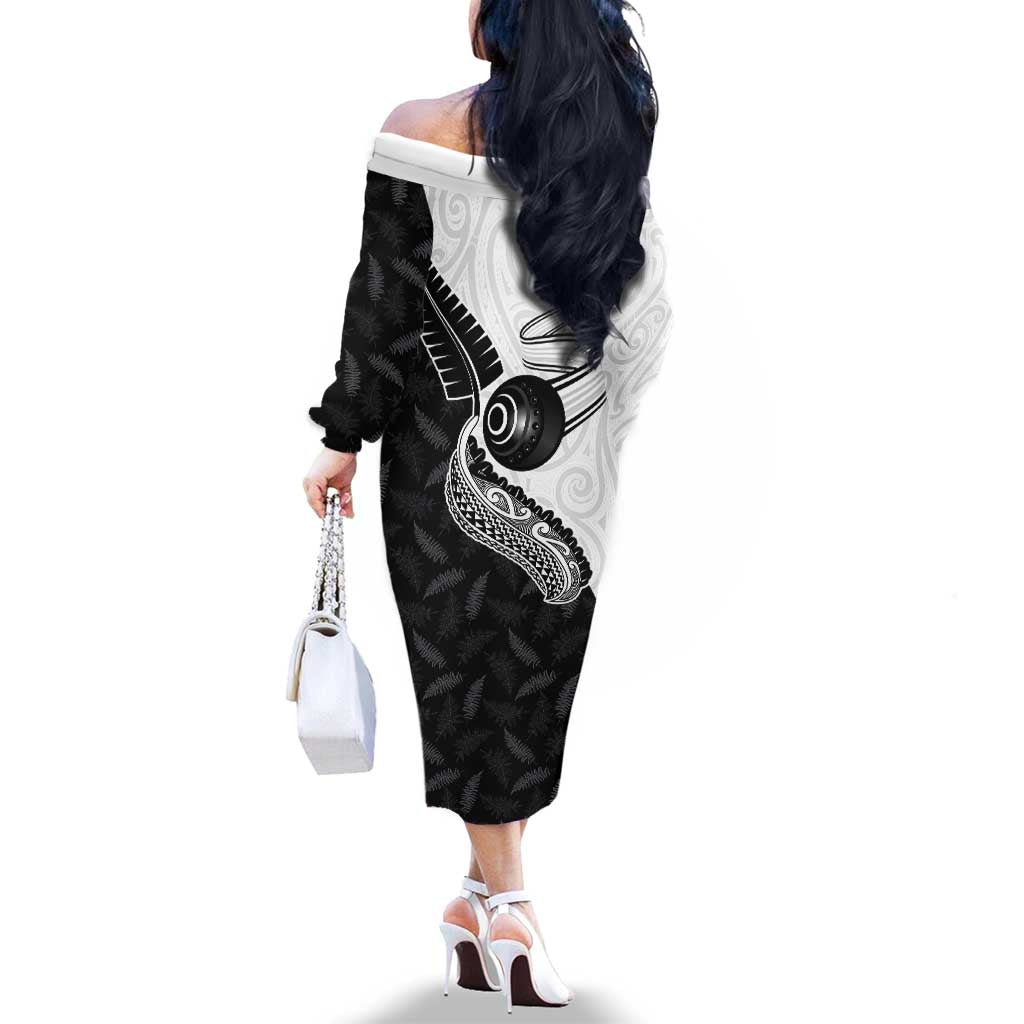 Personalised Aotearoa Lawn Bowls Family Matching Off The Shoulder Long Sleeve Dress and Hawaiian Shirt Maori and Silver Fern Half Style - Aussie Hoodie