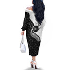 Personalised Aotearoa Lawn Bowls Family Matching Off The Shoulder Long Sleeve Dress and Hawaiian Shirt Maori and Silver Fern Half Style - Aussie Hoodie