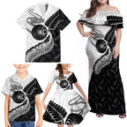 Personalised Aotearoa Lawn Bowls Family Matching Off Shoulder Maxi Dress and Hawaiian Shirt Maori and Silver Fern Half Style - Aussie Hoodie