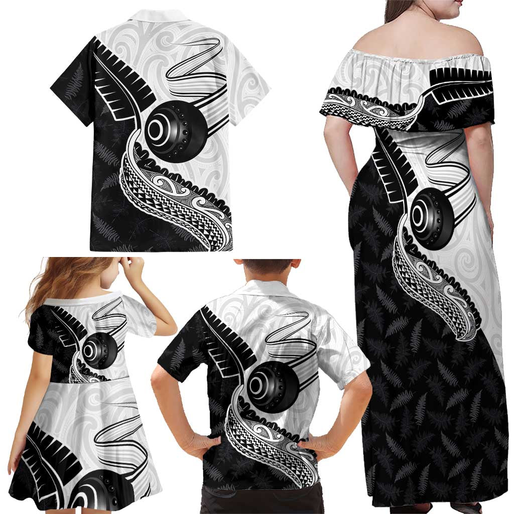 Personalised Aotearoa Lawn Bowls Family Matching Off Shoulder Maxi Dress and Hawaiian Shirt Maori and Silver Fern Half Style - Aussie Hoodie