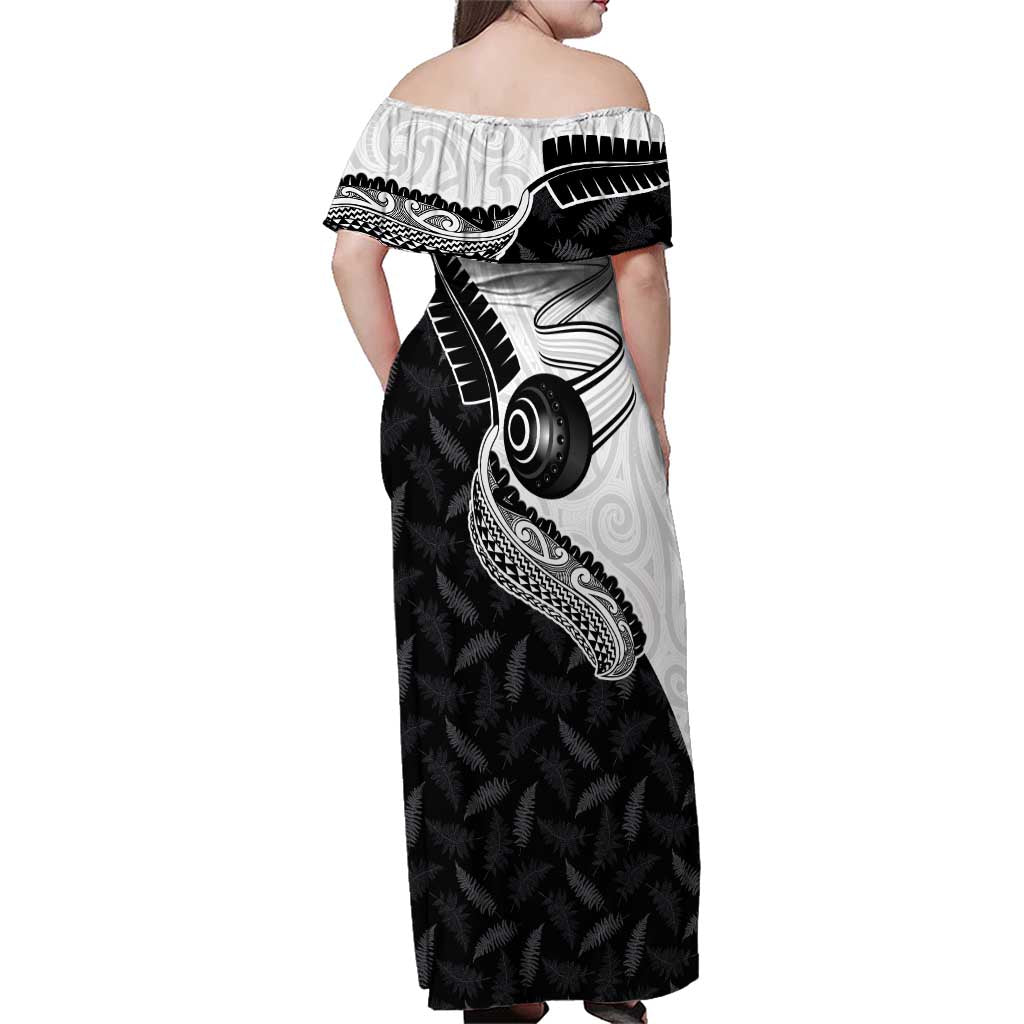Personalised Aotearoa Lawn Bowls Family Matching Off Shoulder Maxi Dress and Hawaiian Shirt Maori and Silver Fern Half Style - Aussie Hoodie