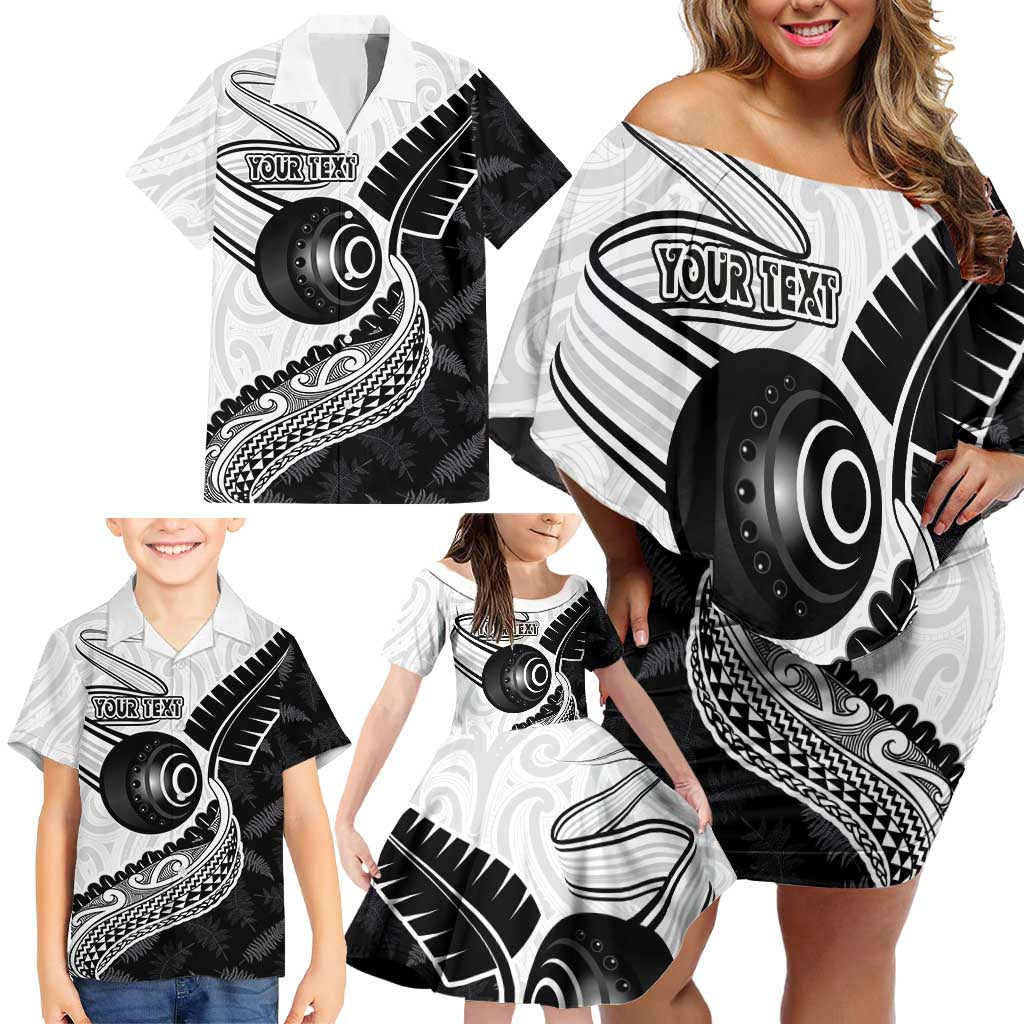 Personalised Aotearoa Lawn Bowls Family Matching Off Shoulder Short Dress and Hawaiian Shirt Maori and Silver Fern Half Style - Aussie Hoodie