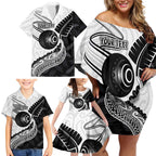 Personalised Aotearoa Lawn Bowls Family Matching Off Shoulder Short Dress and Hawaiian Shirt Maori and Silver Fern Half Style - Aussie Hoodie