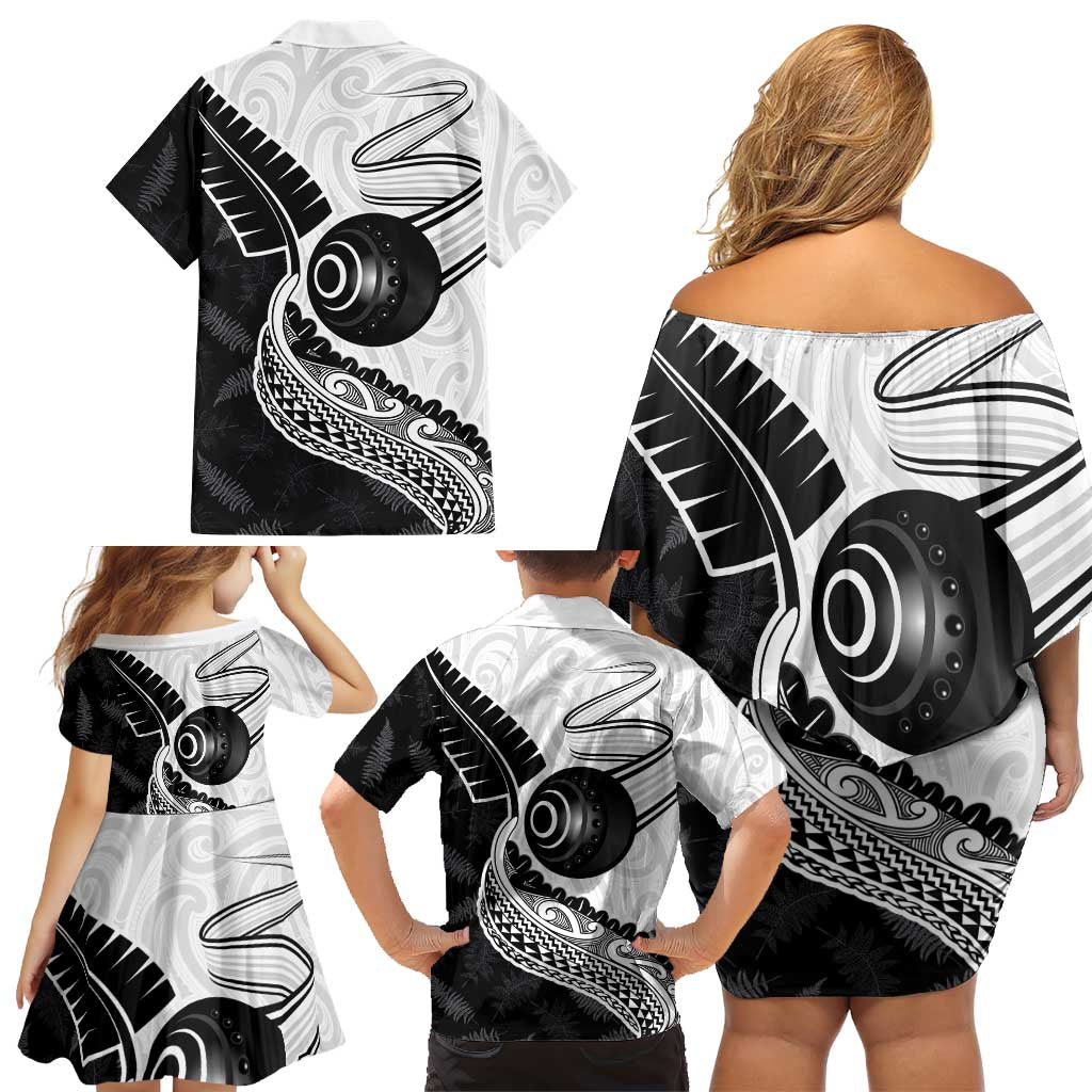 Personalised Aotearoa Lawn Bowls Family Matching Off Shoulder Short Dress and Hawaiian Shirt Maori and Silver Fern Half Style - Aussie Hoodie