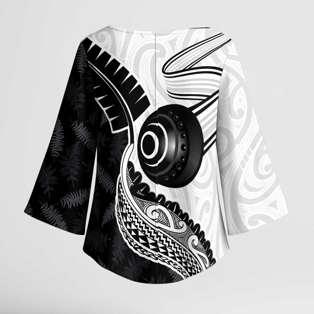 Personalised Aotearoa Lawn Bowls Kimono Sleeve Blouse Maori and Silver Fern Half Style - Aussie Hoodie