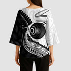 Personalised Aotearoa Lawn Bowls Kimono Sleeve Blouse Maori and Silver Fern Half Style - Aussie Hoodie